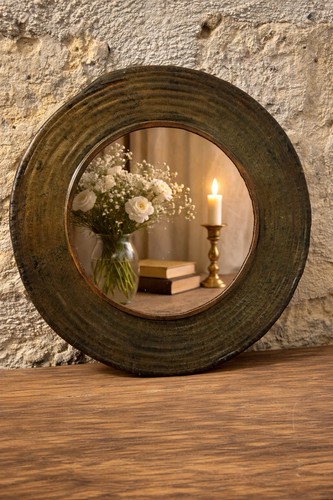 Miroir rond vintage cadre - , cuir